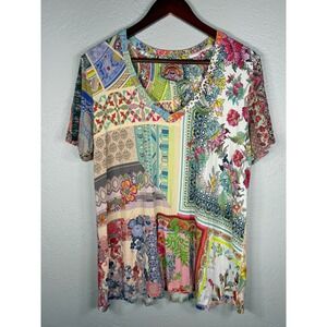 Johnny Was Los Angeles Bamboo Patchwork Print Short Sleeve V Neck Top Medium